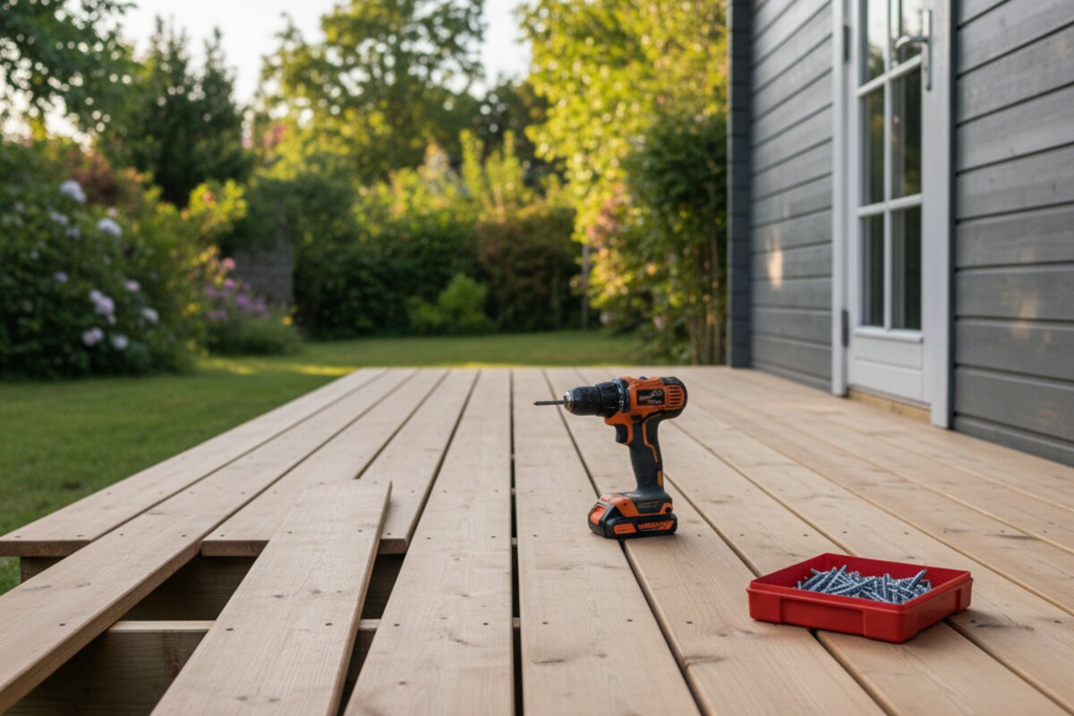 Nieuw houten terras bij een chalet, de laatste planken liggen nog los.
