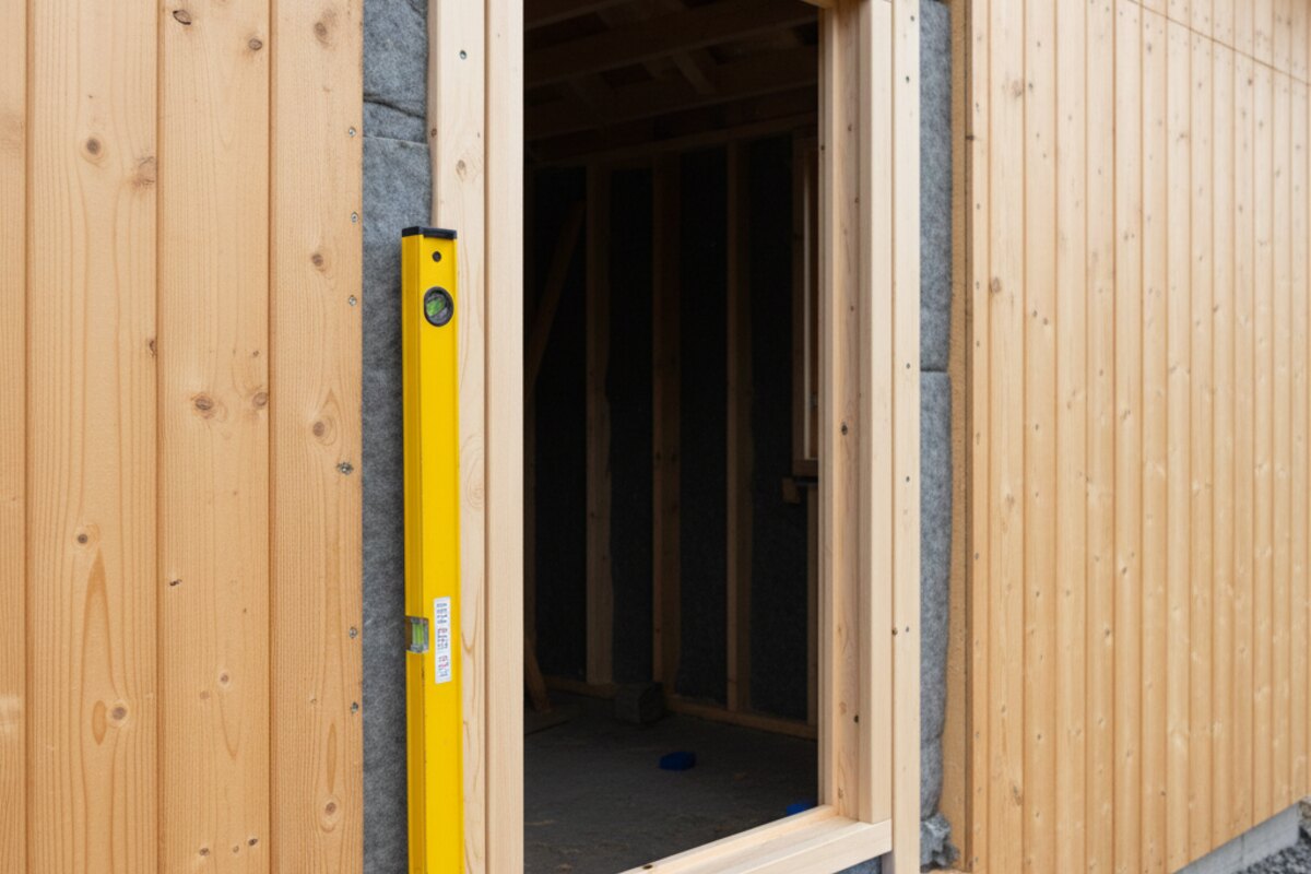 Nieuw houten kozijn in de gevelopening van een houten huisje, met waterpas.