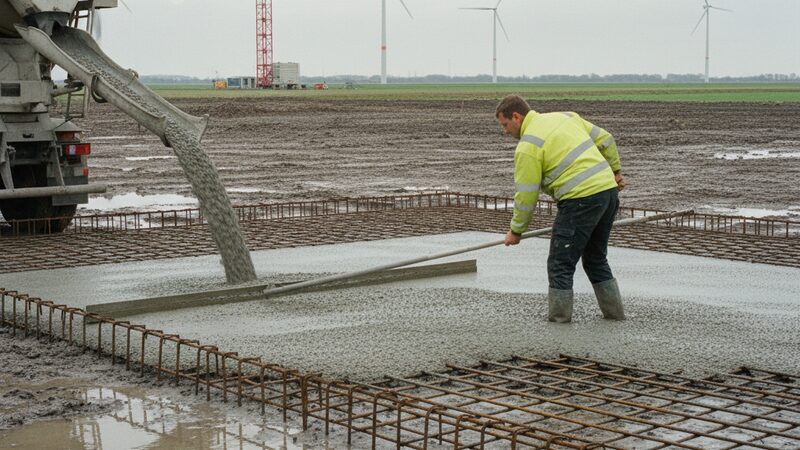 Grondwerker in geel hesje reit vers beton af op een wapeningsnet