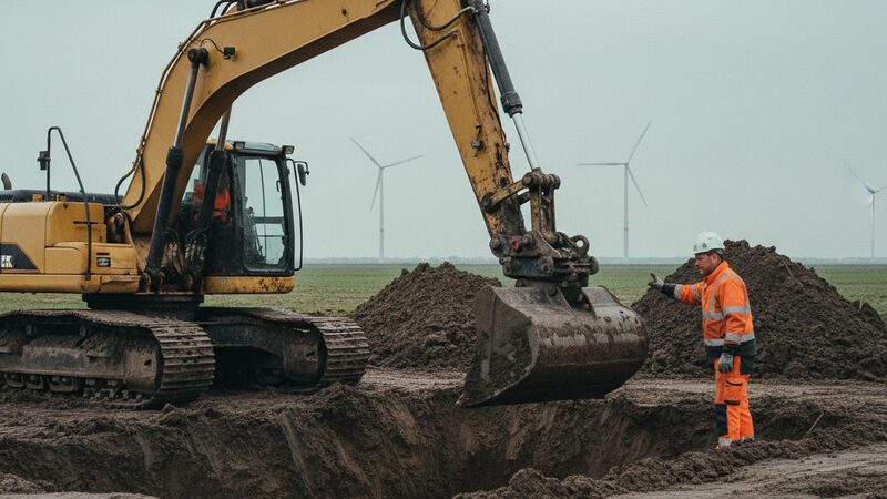 Graafmachine graaft een funderingssleuf terwijl een grondwerker in oranje hesje aanwijst, windmolens aan de horizon