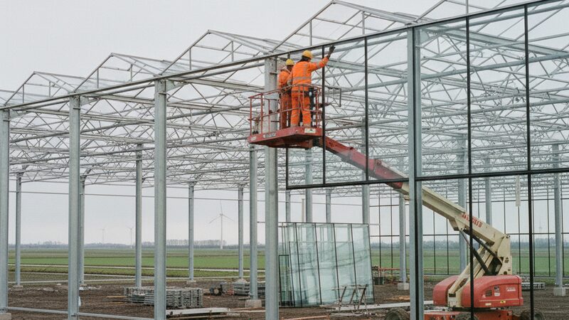 Stalen constructie en beglazing van een Venlo-kas in aanbouw met een hoogwerker