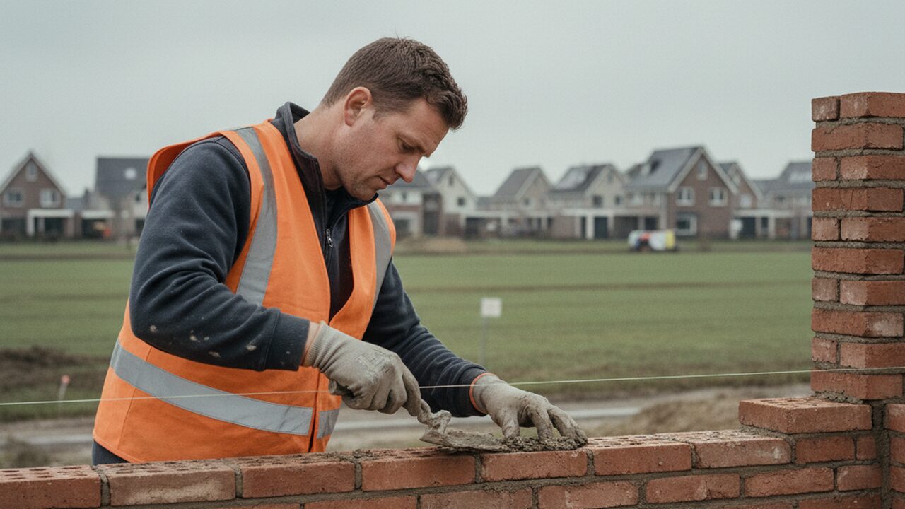 Een metselaar in oranje hesje legt bakstenen langs een strak gespannen draad op een Nederlandse nieuwbouwwoning
