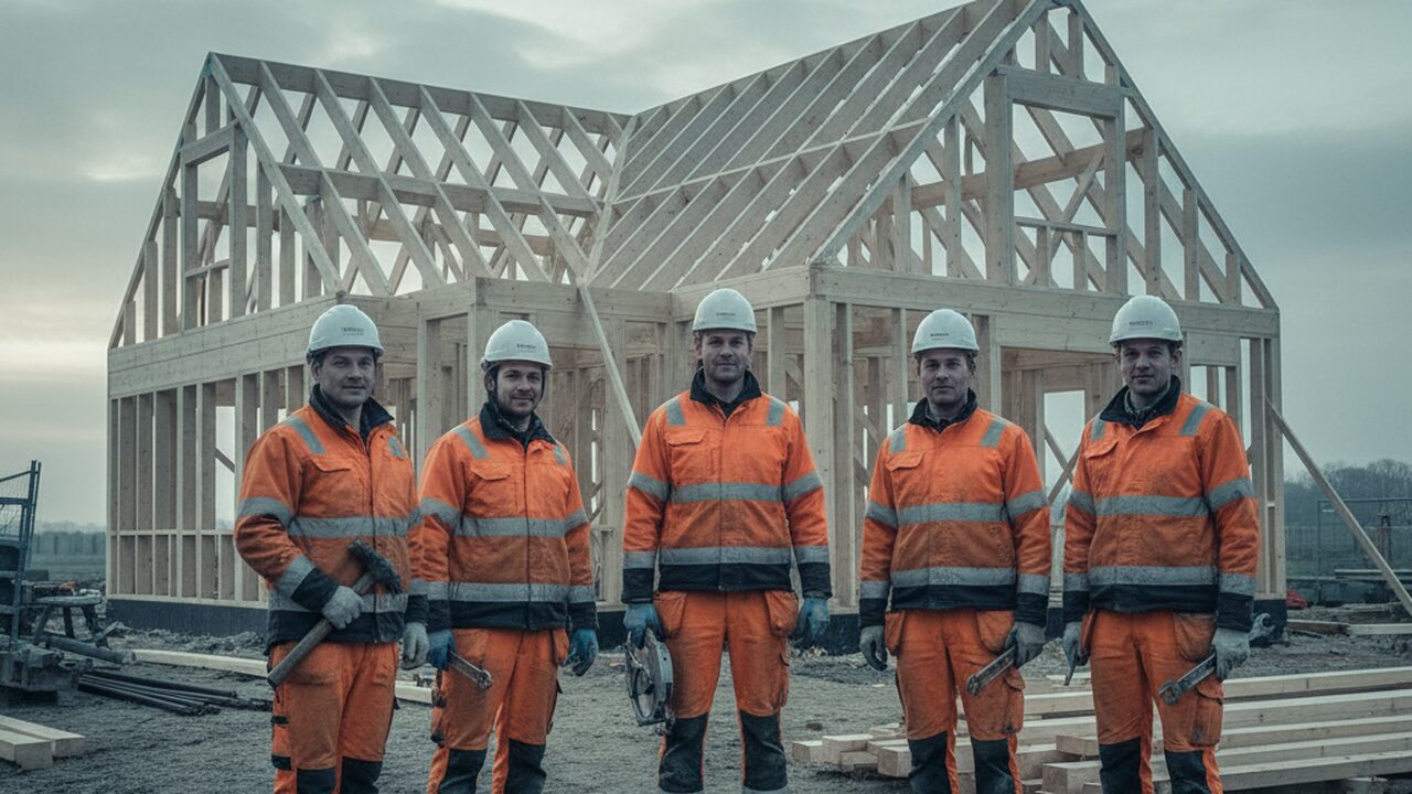 Ploeg van vijf Nederlandse bouwvakkers in oranje werkkleding en helmen voor een houten casco bij dageraad