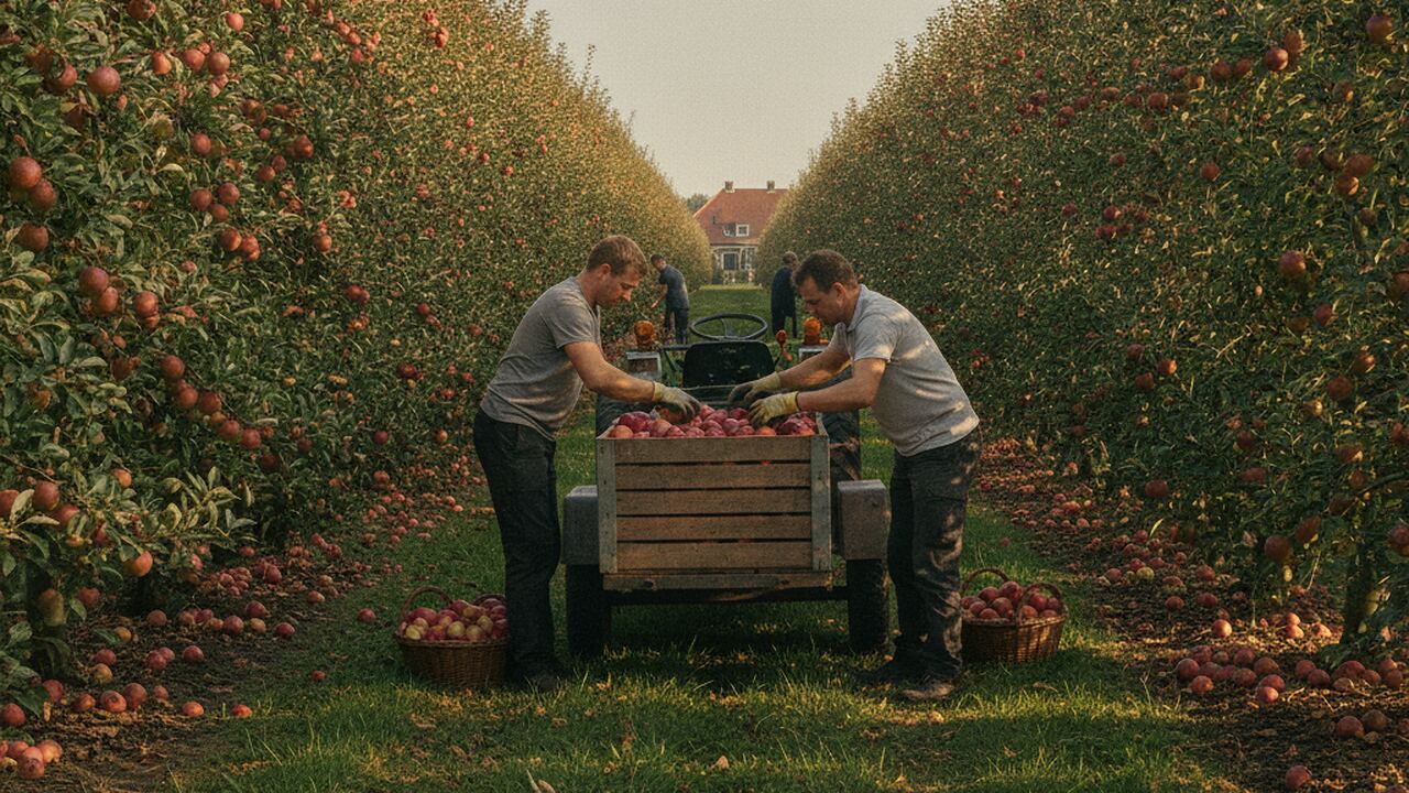 Plukkers oogsten rode appels in een Nederlandse boomgaard