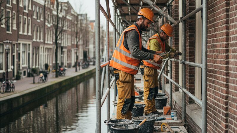 Bouwvakkers op een steiger aan een bakstenen gevel langs een gracht