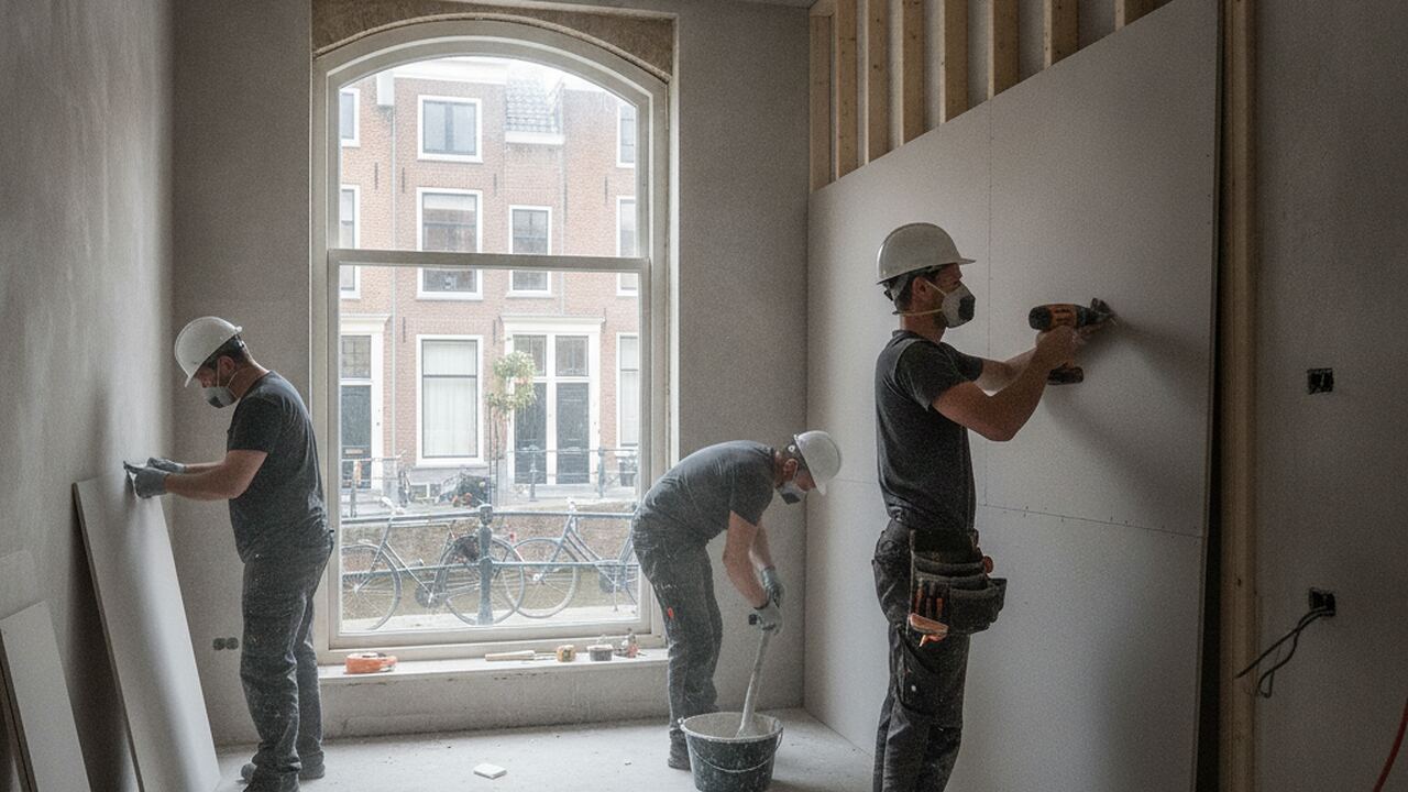 Een afbouwer schroeft gipsplaat op een metalen stelwand in een nieuwbouwwoning